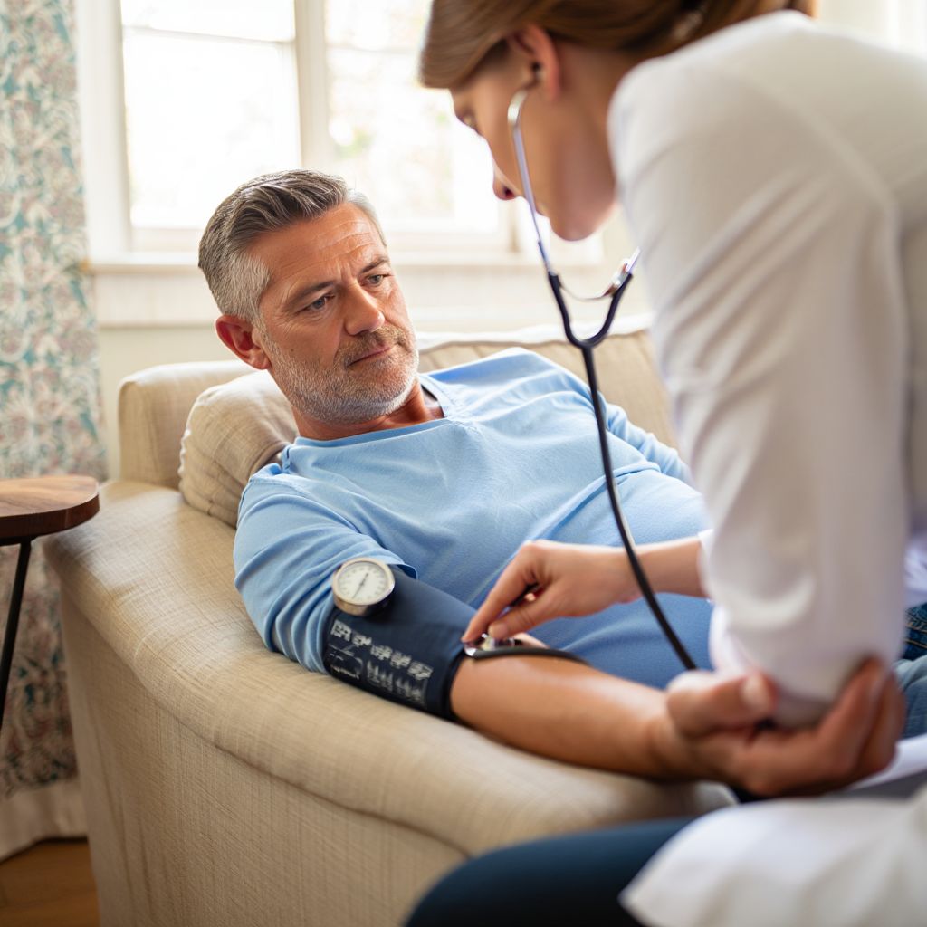 Врач измеряет давление мужчины дома